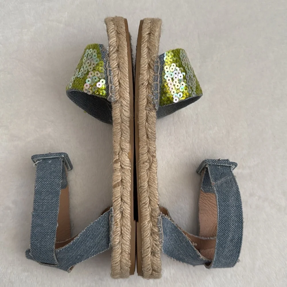 J. Crew | Sequin Ankle Strap Espadrilles Green/Blue Chambray (8) - Picture 10 of 15